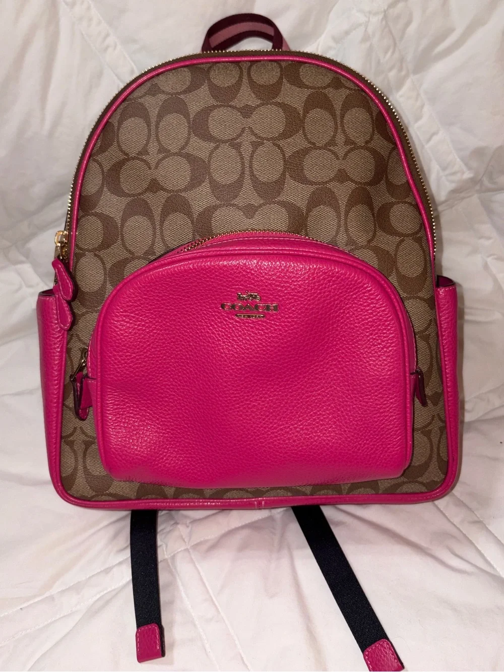 HTF NWOT Coach C8522 Court Medium Signature Leather Khaki Bold Pink Backpack